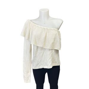 Ella Moss Asymmetric Sleeves Ruffled Crochet Knit Sweater in Cream sz Medium New